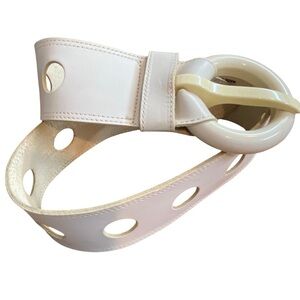 MINORONZONI Italian White Wide Leather Belt size Large  Oversized Buckle Vintage